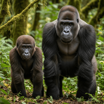 Photograph of a juvenile Eastern gorilla (apes) alongside an adult in their environment