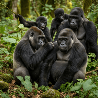 Image showing a group of Eastern gorilla (apes) engaging in typical social behavior
