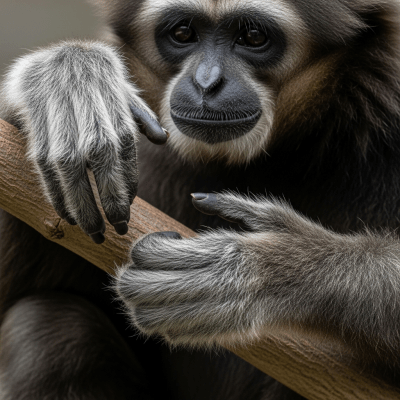 Close-up photograph of the hands or feet of a Eastern hoolock gibbon, part of the taxonomy apes