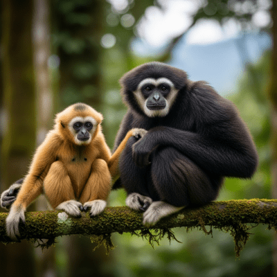 Photograph of a juvenile Eastern hoolock gibbon (apes) alongside an adult in their environment