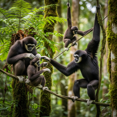 Image showing a group of Eastern hoolock gibbon (apes) engaging in typical social behavior