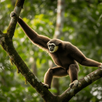 Photograph of a Eastern hoolock gibbon (apes) in its natural habitat
