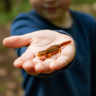 Photograph showing a Eastern Newt in interaction with humans or within a cultural context, such as being observed by scientists or featured in educational settings