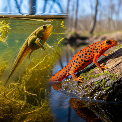 Image of a Eastern Newt (amphibians) at the moment of transformation, such as metamorphosis from tadpole to adult