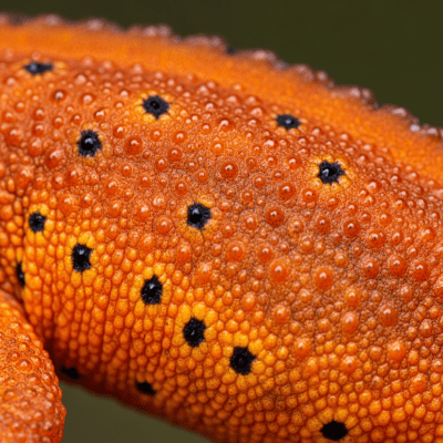 Macro close-up image of the skin texture or distinctive features of a single Eastern Newt, belonging to the taxonomy amphibians