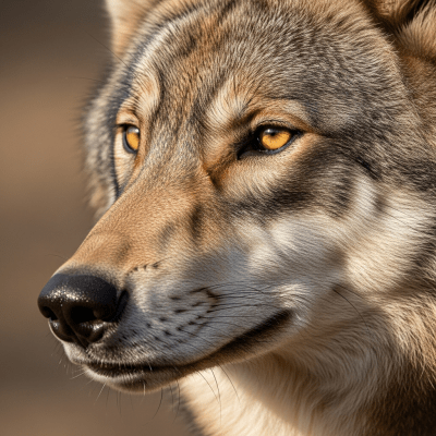 Close-up photograph of the face of a Eastern Wolf