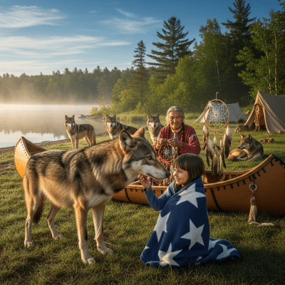 Image of a Eastern Wolf interacting with humans in a cultural or practical context