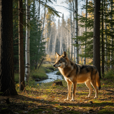 Photograph of a Eastern Wolf, part of the taxonomy canines, in its typical natural environment