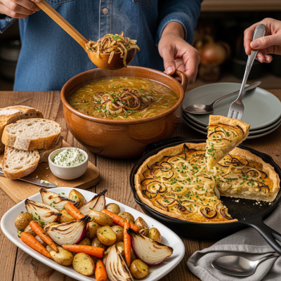 A cultural representation of a Ebenezer onion (onions) featured in a traditional dish or meal setting