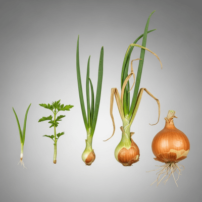 An image showing multiple stages of growth for a single type of Ebenezer onion (onions), from seedling to mature bulb