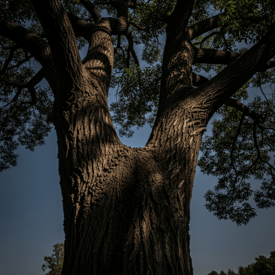 Striking editorial image of a single Ebony (trees), photographed from a low angle to emphasize its grandeur.