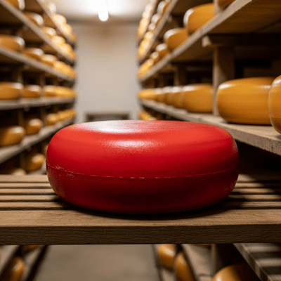 A whole wheel or block of Edam, shown in an artisanal cellar or aging environment typical for this cheese