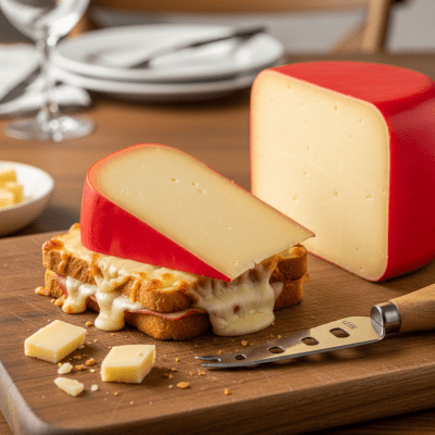 A piece of Edam being used in a classic culinary preparation or dish where it is commonly featured