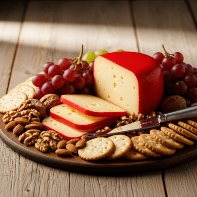 A serving of Edam arranged as part of a traditional cheese platter with fruits, nuts, and crackers