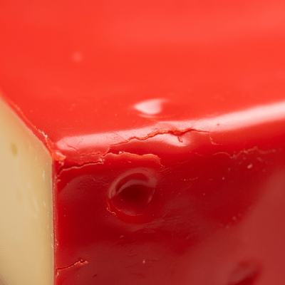 A close-up macro photograph of the rind and surface texture of a Edam