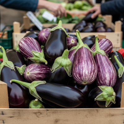 Image showing freshly harvested Eggplant, displayed in a farmer's market basket or crate