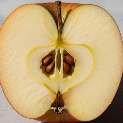 A close-up image showing a cross-section of a Egremont Russet of the taxonomy apples, sliced cleanly in half to reveal internal structure, seeds, and flesh