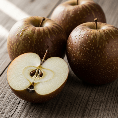 A simple arrangement showing several whole and one cut-open Egremont Russet, displayed on a wooden surface