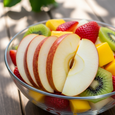 A photograph of a freshly sliced Egremont Russet of the taxonomy apples, presented as part of a fruit salad in a clear bowl