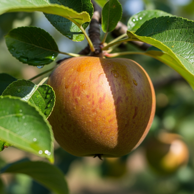 A naturalistic photograph of a Egremont Russet, hanging on its tree branch with leaves visible