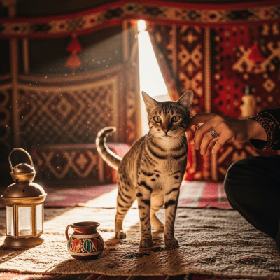 Image of a Egyptian Mau interacting with humans or participating in cultural activities
