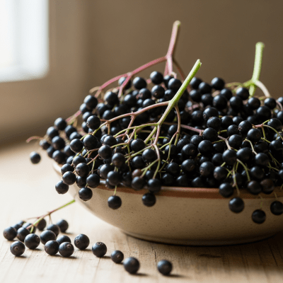 A high resolution image of several fresh Elderberrys arranged in a simple bowl, representing their use within the taxonomy berries
