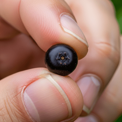A factual photograph of a hand holding a ripe Elderberry, illustrating its size and appearance for the taxonomy berries