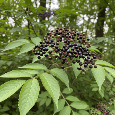 A naturalistic photograph of a Elderberry growing on its plant in its typical environment, representing the taxonomy berries