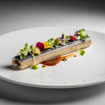 A culinary presentation featuring a prepared dish made with Electric Eel, of the taxonomy fish