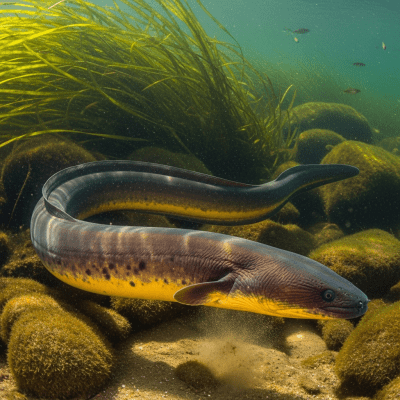 Underwater scene featuring a single Electric Eel