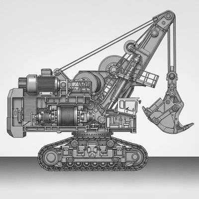 Detailed cross-sectional illustration of a Electric rope shovel / power shovel (cable-electric) from the excavators taxonomy