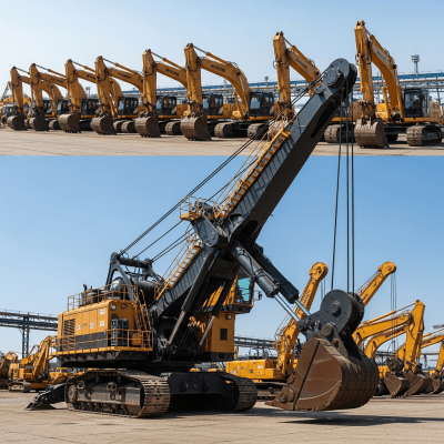 A wide-angle image of a fleet of various excavators, with the specific Electric rope shovel / power shovel (cable-electric) in the foreground for emphasis