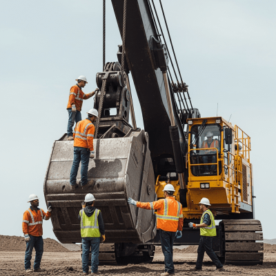 Image of a diverse group of construction workers operating or interacting with a Electric rope shovel / power shovel (cable-electric) from the excavators taxonomy