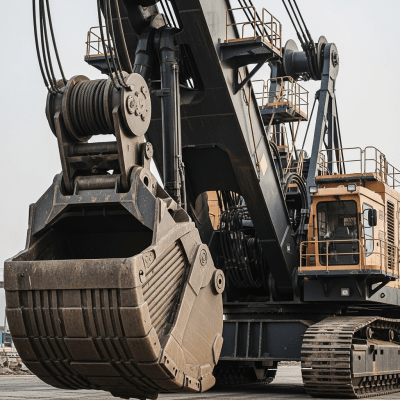 A close-up photograph focusing on the bucket and arm of a Electric rope shovel / power shovel (cable-electric) (excavators), showing details such as hydraulic lines, metal textures, and wear marks