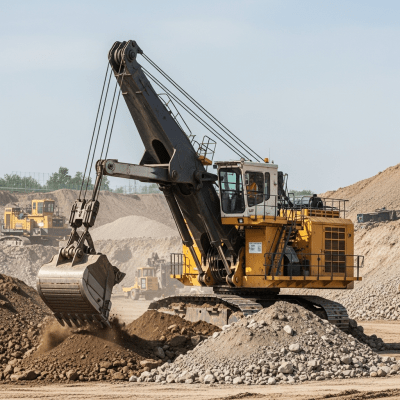 A realistic image of a Electric rope shovel / power shovel (cable-electric) (excavators) at work on a construction site, surrounded by soil, rocks, and machinery