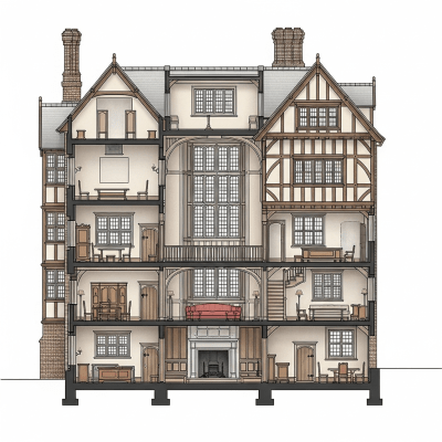 Detailed cross-sectional illustration or cutaway view showing the internal layout and key structural elements of the Elizabethan (architecture)