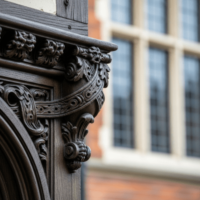 Close-up detail shot of a distinctive feature or ornamentation from the Elizabethan (architecture), showing material texture, craftsmanship, or unique design elements