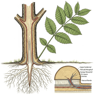 Detailed botanical illustration of the internal structure of a Elm