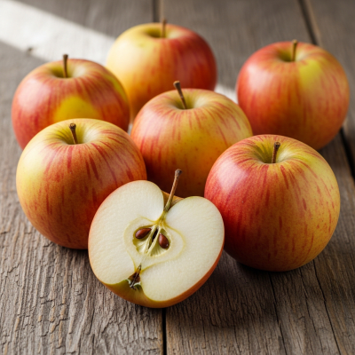 A simple arrangement showing several whole and one cut-open Elstar, displayed on a wooden surface