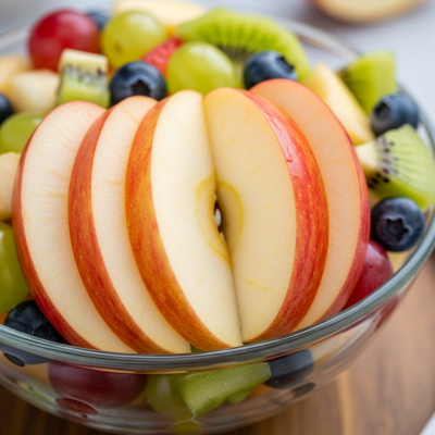 A photograph of a freshly sliced Elstar of the taxonomy apples, presented as part of a fruit salad in a clear bowl