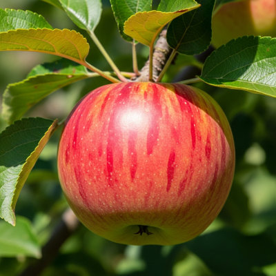 A naturalistic photograph of a Elstar, hanging on its tree branch with leaves visible