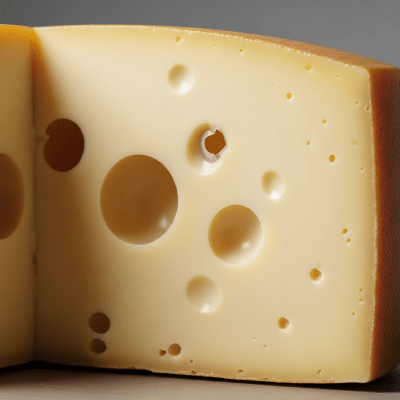 Close-up cross-sectional view of a Emmental, showing its internal texture and structure