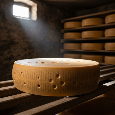 A whole wheel or block of Emmental, shown in an artisanal cellar or aging environment typical for this cheese