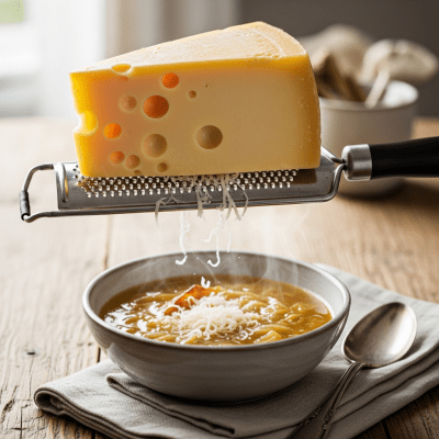 A piece of Emmental being used in a classic culinary preparation or dish where it is commonly featured