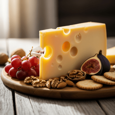 A serving of Emmental arranged as part of a traditional cheese platter with fruits, nuts, and crackers