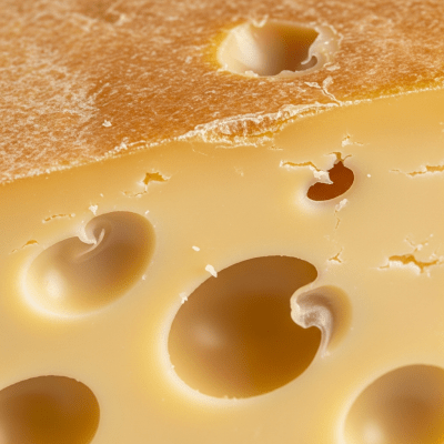 A close-up macro photograph of the rind and surface texture of a Emmental