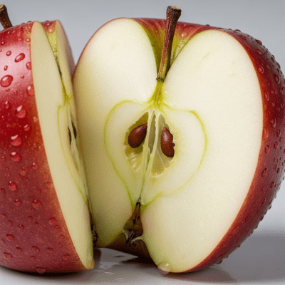 A close-up image showing a cross-section of a Empire of the taxonomy apples, sliced cleanly in half to reveal internal structure, seeds, and flesh