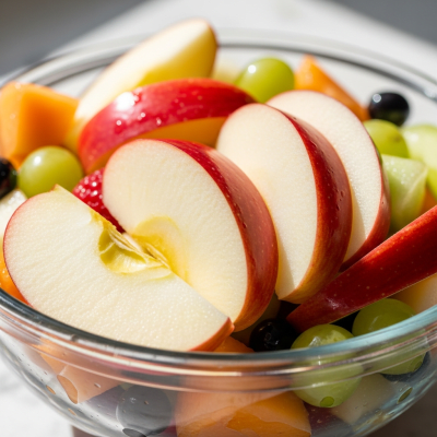 A photograph of a freshly sliced Empire of the taxonomy apples, presented as part of a fruit salad in a clear bowl