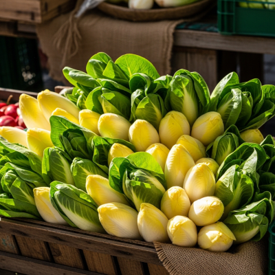 Image showing freshly harvested Endive, displayed in a farmer's market basket or crate