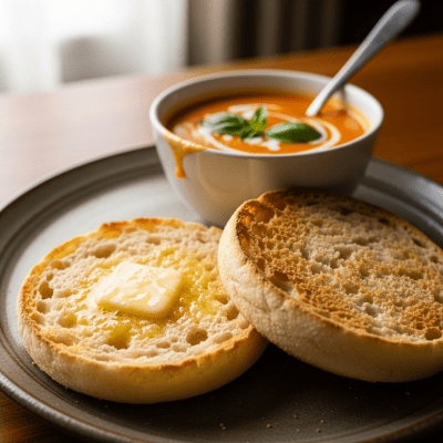 Photograph of English Muffin, shown being served or eaten as part of a meal